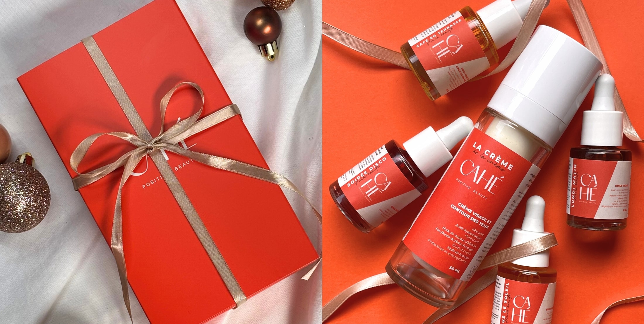 Photo des coffrets de fêtes Cahé Cosmetics contenant des soins naturels et certifiés bio — Crème de la Crème, Démaquillant “Fais-moi fondre”, Huiles Beauté et Nettoyant Mousse-moi — présentés dans des boîtes cadeaux élégantes dans une ambiance festive